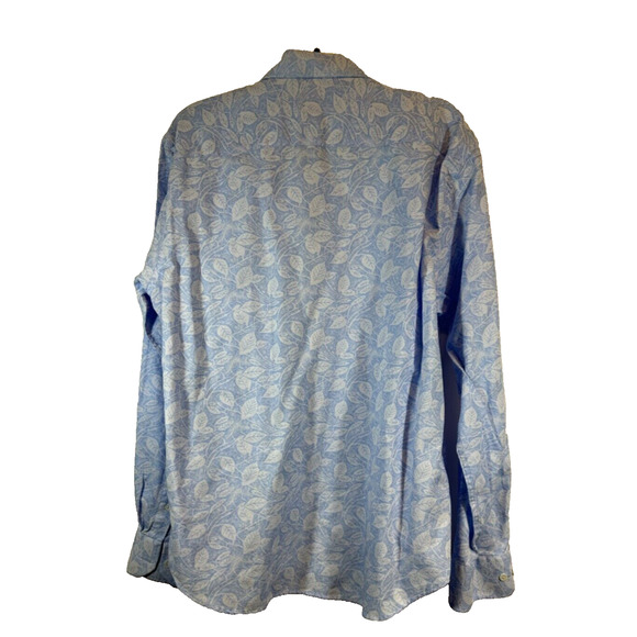 BUGATCHI Uomo Mens XL Leaf Tropical Button Up Shirt Blue Shaped Fit C9 - Picture 2 of 7
